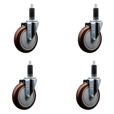 Service Caster 5'' Maroon Poly Wheel Swivel 1-1/8'' Expanding Stem Caster Set, 4PK SCC-EX20S514-PPUB-MRN-118-4